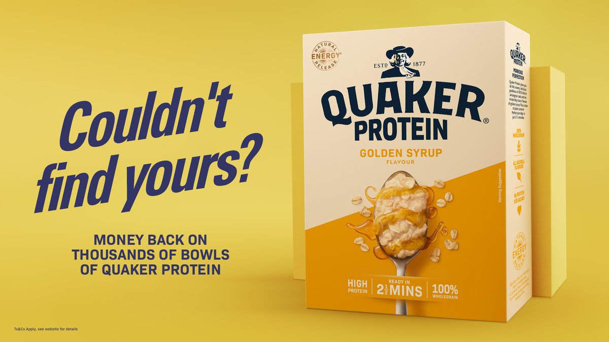 👀 Can’t find your usual protein cereals? Get MONEY BACK on thousands of bowls 🥣➡ TryQuakerProtein.co.uk 

Ts&amp;Cs apply.