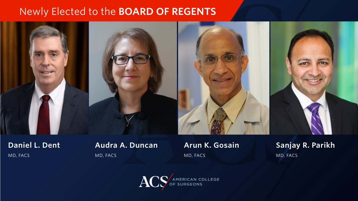 American College of Surgeons (@amcollsurgeons) on Twitter photo Congratulations to Drs. Daniel Dent (<a href="/DanielDent6/">Daniel Dent</a>), Audra Duncan (<a href="/ADuncanVasc/">audra duncan</a>), Arun K. Gosain, and Sanjay R. Parikh on being elected to the Board of Regents! #ACSCC24 Congratulations to Drs. Daniel Dent (<a href="/DanielDent6/">Daniel Dent</a>), Audra Duncan (<a href="/ADuncanVasc/">audra duncan</a>), Arun K. Gosain, and Sanjay R. Parikh on being elected to the Board of Regents! #ACSCC24