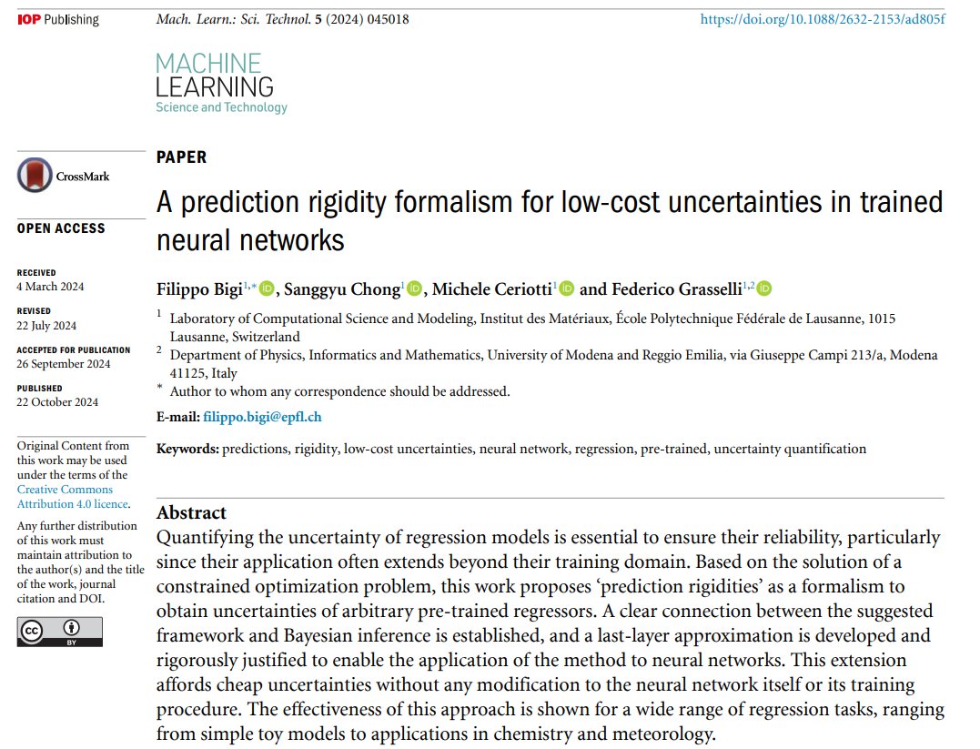 Machine Learning: Science and Technology (@mlstjournal) on Twitter photo Great new work by Filippo Bigi <a href="/SanggyuChong/">Sanggyu "Raymond" Chong</a> <a href="/MicheleCeriotti/">Michele Ceriotti</a> <a href="/FedericoGrass/">Federico Grasselli</a> <a href="/lab_COSMO/">COSMO Lab</a> <a href="/EPFL_en/">EPFL</a> <a href="/UNIMORE_univ/">UNIMORE</a> - 'A prediction rigidity formalism for low-cost uncertainties in trained #neuralnetworks' - iopscience.iop.org/article/10.108… #machinelearning #statphys #Bayesian #compchem #AI Great new work by Filippo Bigi <a href="/SanggyuChong/">Sanggyu "Raymond" Chong</a> <a href="/MicheleCeriotti/">Michele Ceriotti</a> <a href="/FedericoGrass/">Federico Grasselli</a> <a href="/lab_COSMO/">COSMO Lab</a> <a href="/EPFL_en/">EPFL</a> <a href="/UNIMORE_univ/">UNIMORE</a> - 'A prediction rigidity formalism for low-cost uncertainties in trained #neuralnetworks' - iopscience.iop.org/article/10.108… #machinelearning #statphys #Bayesian #compchem #AI