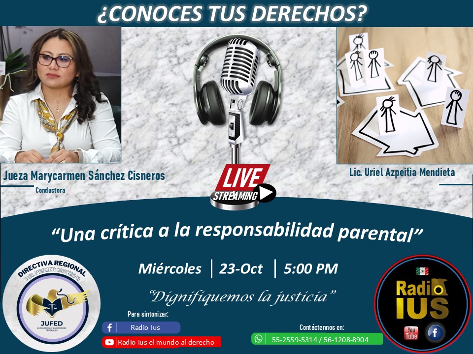 Te invitamos asintonizar en vivo el programa "¿#conocestusderechos?" Con el tema "Una critica a la responsabilidad parental"
A través de:  youtube.com/@RADIOIUSderec…
radioius.com
#jufed1erCirc #responsabilidadparental #Justicia  #Conocestusderechos  #Derecho #PJF