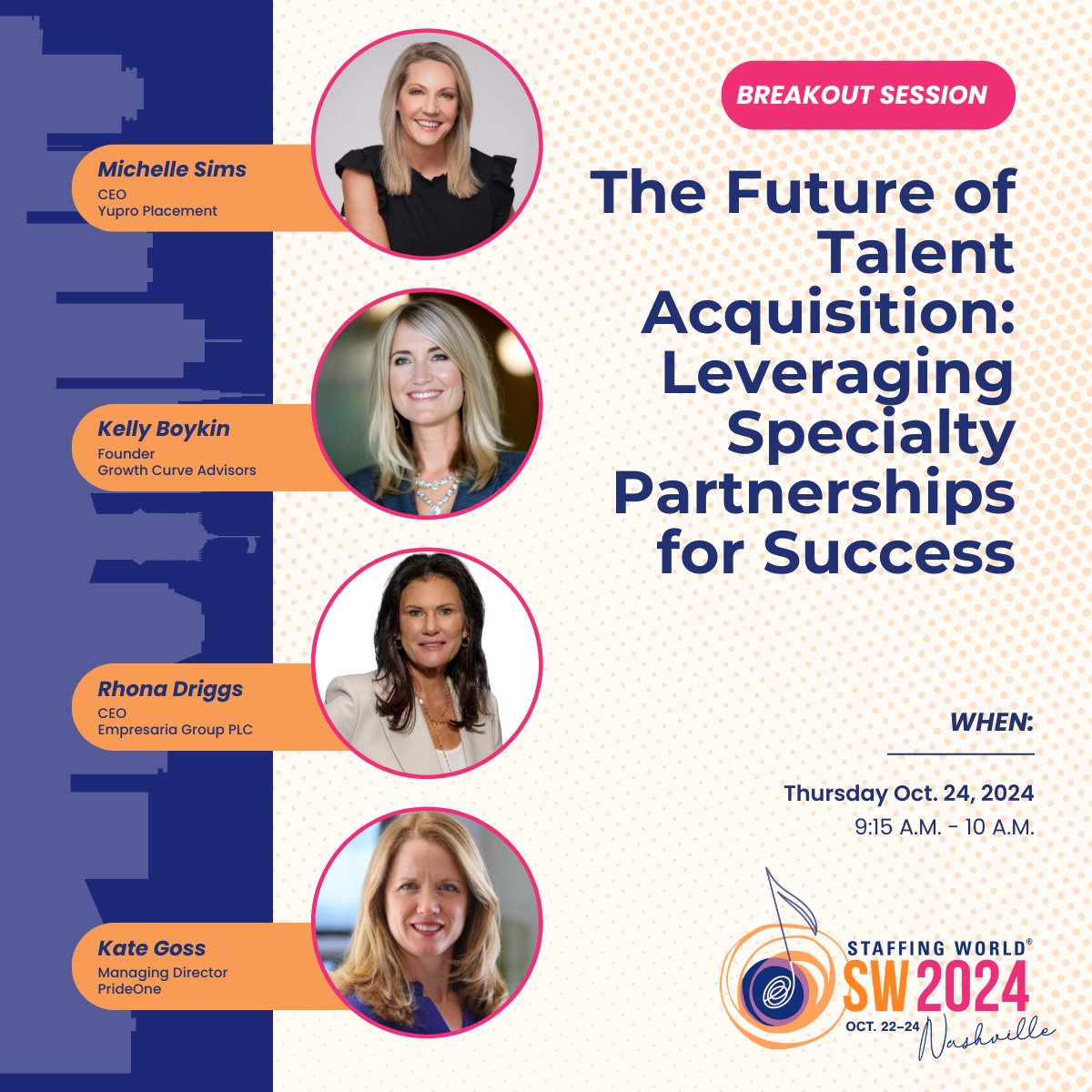Excited to be in Nashville tomorrow for #StaffingWorld2024!

Join me for a breakout session on “The Future of Talent Acquisition: Leveraging Specialty Partnerships for Success.” 

📅 Oct 24, 2024 
🕒 9:15 AM - 10:00 AM 
 
Details: bit.ly/4ffpm6S  
 
#StaffingWorld2024