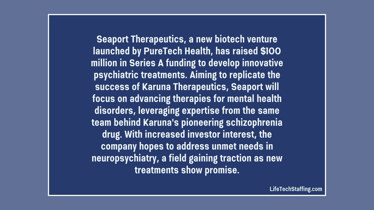 LifeTechTalent's tweet photo. With a focus on neuropsychiatry, Seaport aims to build on Karuna's success in addressing unmet needs in psychiatric care. 🌱💡#Biotech #MentalHealth #Neuropsychiatry #VentureCapital

Source: https://t.co/FVIeCFwpZ3 https://t.co/Bt0mkU2ivw