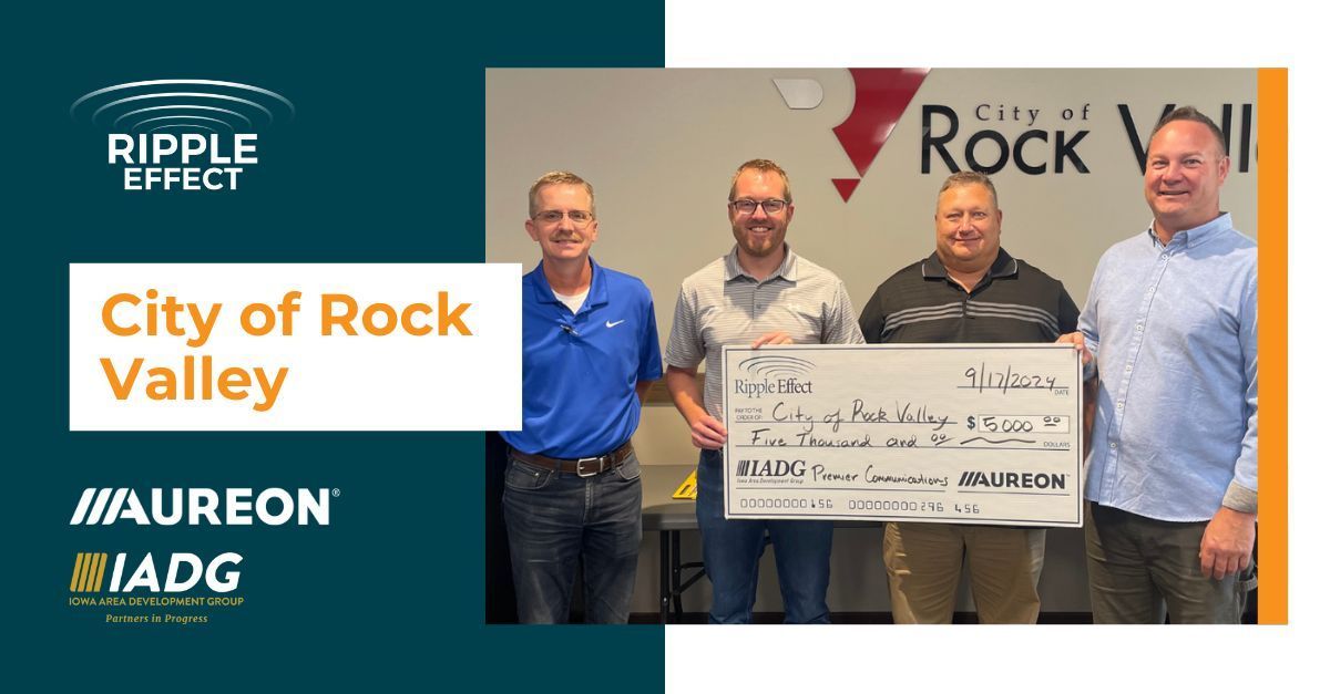 We are excited to share that Rock Valley received a $5,000 Ripple Effect Grant from Aureon for their Park Project! With a $10,000 match from Premier Communications, this grant will fund key improvements to the park. Learn more: buff.ly/4hfxGp4 #rippleeffect