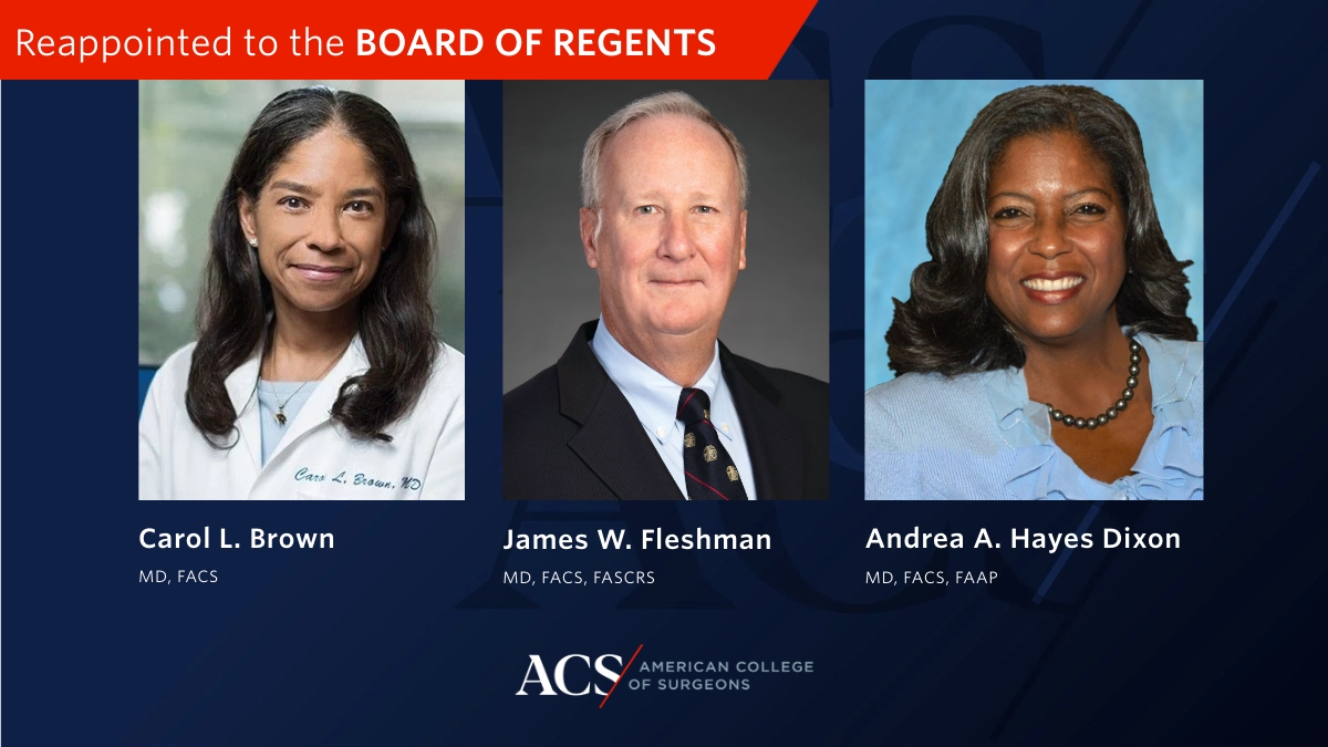 American College of Surgeons (@amcollsurgeons) on Twitter photo (1/2) Congratulations to reappointed Regents Dr. Carol Brown (<a href="/drcarolbrownMSK/">Carol Brown</a>), Dr. James Fleshman, and Dr. Andrea Hayes Dixon (<a href="/AndreaHayesMD/">Andrea A. Hayes, MD</a>)! We look forward to your continued leadership. #ACSCC24 (1/2) Congratulations to reappointed Regents Dr. Carol Brown (<a href="/drcarolbrownMSK/">Carol Brown</a>), Dr. James Fleshman, and Dr. Andrea Hayes Dixon (<a href="/AndreaHayesMD/">Andrea A. Hayes, MD</a>)! We look forward to your continued leadership. #ACSCC24