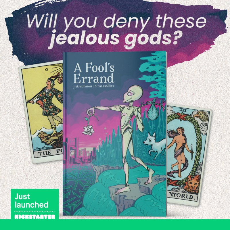 planetarcanapod's tweet photo. A Fool’s Errand is a tarot-fueled science fantasy game set in a vibrant post-calamity world of Androids, Humans, and those in between. 

Beware: the gods are watching.

Will you deny these jealous gods?
