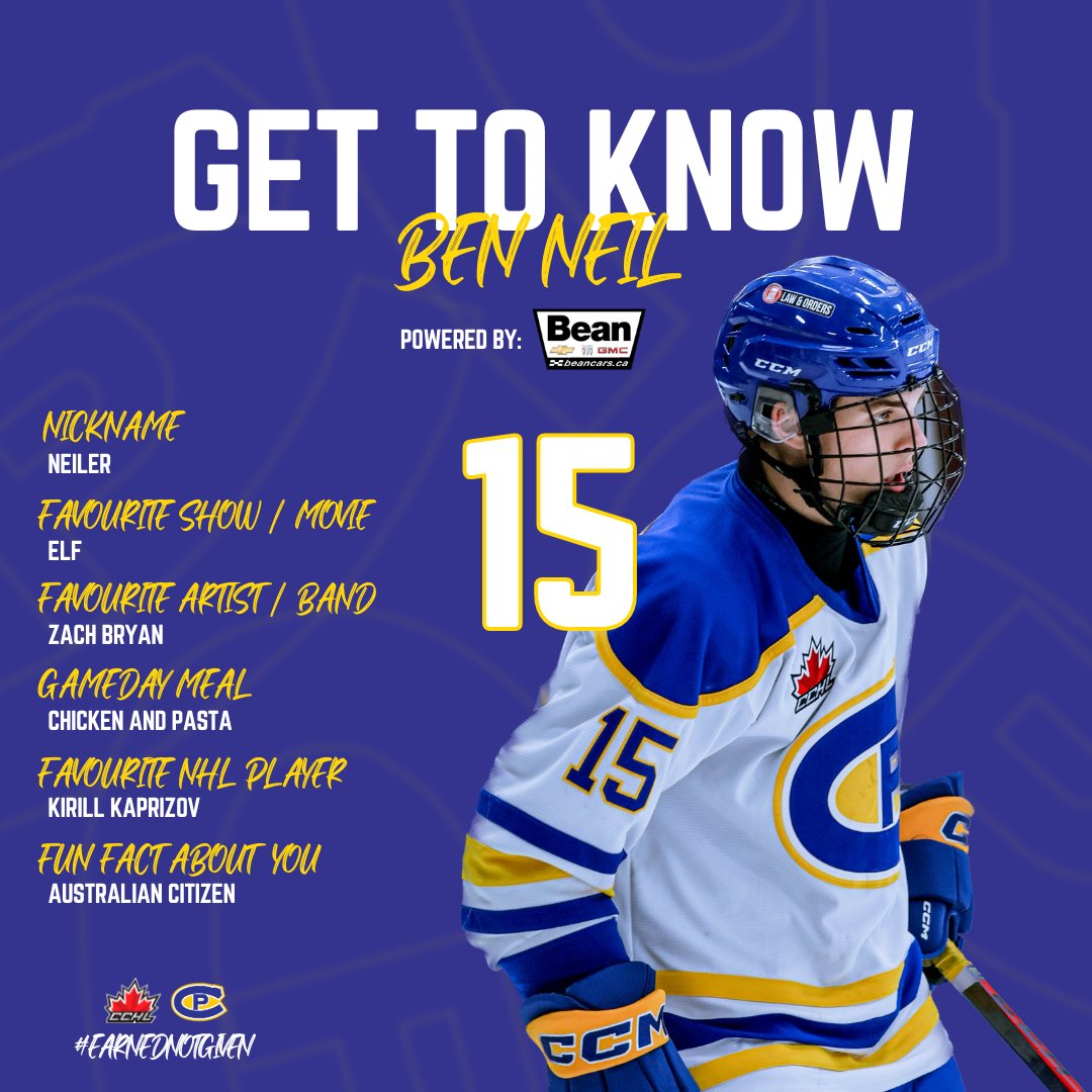CPCANADIANS's tweet photo. GET TO KNOW YOUR CANADIANS
Powered by @beanchevbuickgmc 

Meet Ben Neil, an ‘06 F from Carleton Place, ON! As one of the many @TheCCHL rookies in the CP lineup this season, Ben has been playing in all situations!

🔵🟡🔵
#CPC #EarnedNotGiven https://t.co/KF0iduMcqv