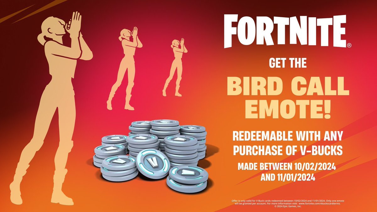 TTzVinc's tweet photo. 🎁GIVEAWAY🎁

3x1000 V-Bucks code + Bird call emote!
3xWinners😇

-Follow me ( @TTzVinc )🔔
-Like &amp; Retweet♻️
-Tag 3 Friends in the comments!🎯

Ends in 25 Hours (1 Day &amp; 1 Hour)⏳
GOOD LUCK!🍀 https://t.co/ohmVMYeIUG