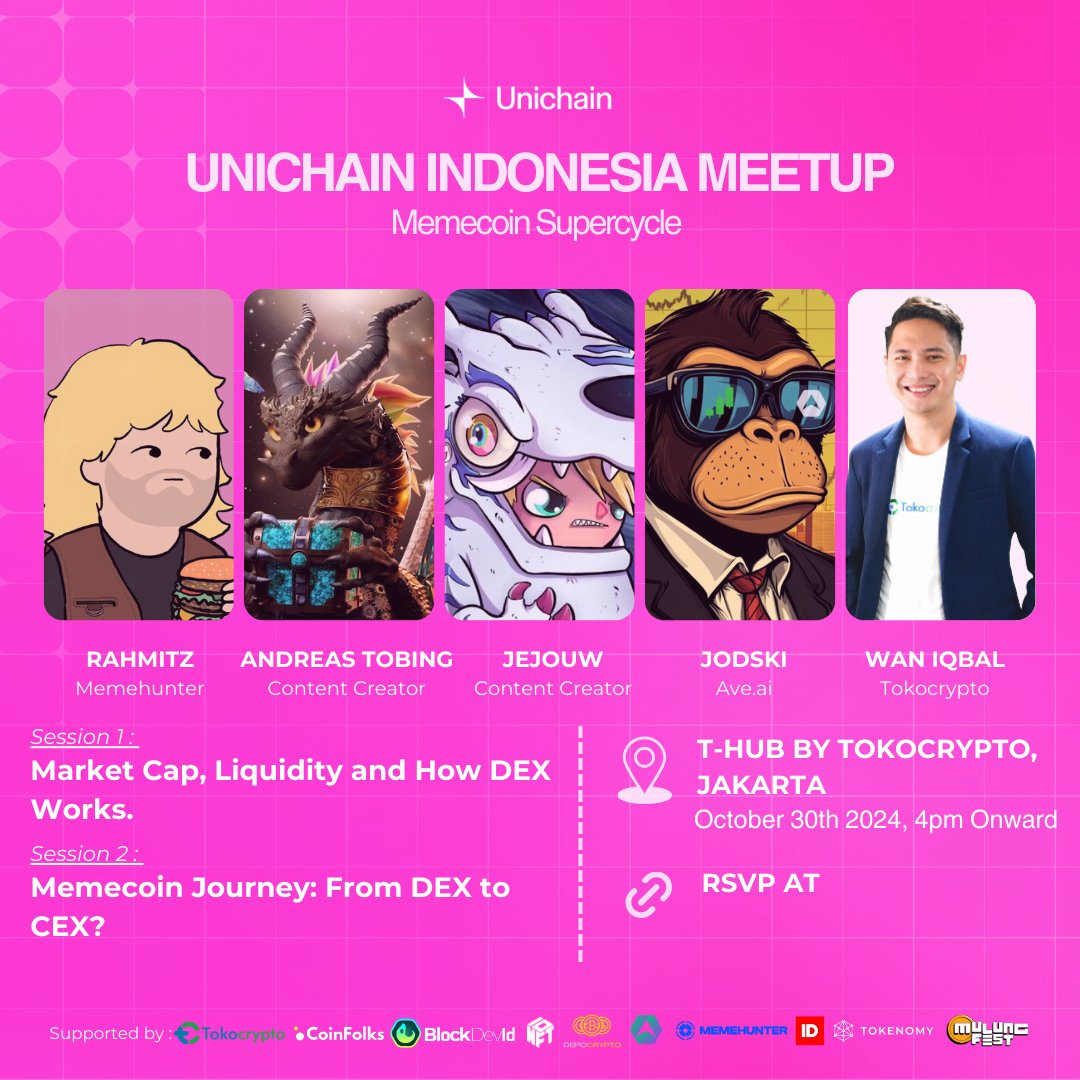 Heyyoo Utopians di Jakarta🚀

Pertama kali nya, yuk ikut Unichain Indonesia Meetup! Dari cara kerja DEX, memahami MC &amp; Liquidity, sampai trend terkini dari memecoin, akan kita bahas di event kali ini!

📅 Wednesday, 30 Oct 2024
📷 T-Hub Jakarta
🔗bit.ly/unichainidmeet…

Yuk