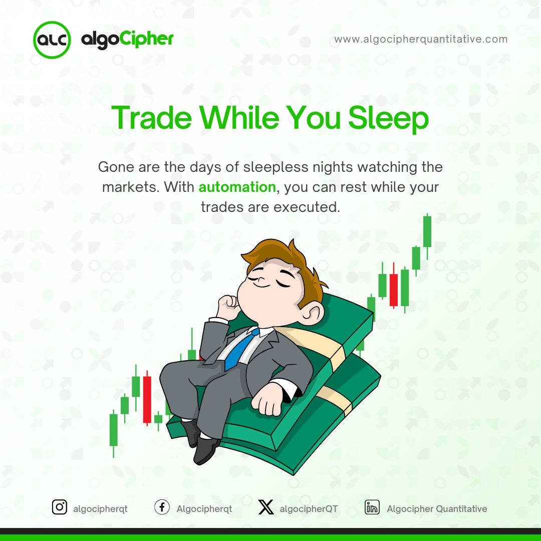 algocipherQT's tweet image. Gone are the days of sleepless nights watching the markets. With automation, you can rest while your trades are executed.

#algocipherquantitative #thealgocipheradvantage #tradingautomation #FutureOfTrading #AutomatedTrading #TradingAssistant #EmotionFreeTrading #NextGenTrading