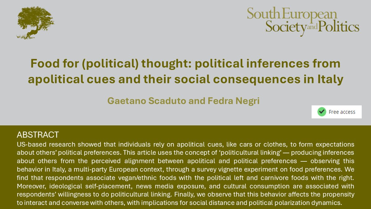 📢NEW ARTICLE!📢 🇮🇹

<a href="/gaetano_scaduto/">Gaetano Scaduto</a> &amp; F. Negri find that Italians interested in politics and the media tend to associate political preferences even with #foods, with consequences on cross-group interactions

Read the article #FreeAccess here 👇
tandfonline.com/doi/full/10.10…