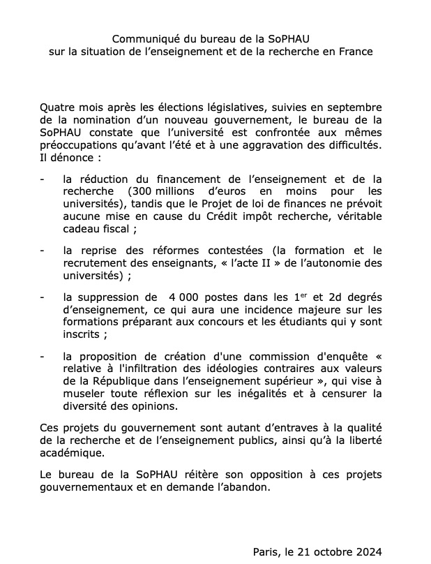 Communiqué du bureau de la SoPHAU sur la situation de l’enseignement et de la recherche en France (21 octobre 2024)
sophau.univ-fcomte.fr/index.php/actu…