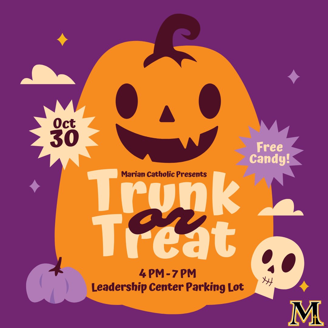 🎃Join the Spartans for a spooktacular Trunk or Treat event on October 30th from 4-7 PM!👻

Bring your family, friends, and your best costumes for an evening filled with candy, decorated trunks, and Halloween fun! 🍬🚗🎃 All are welcome, and admission is free!

#CelebrateMarian