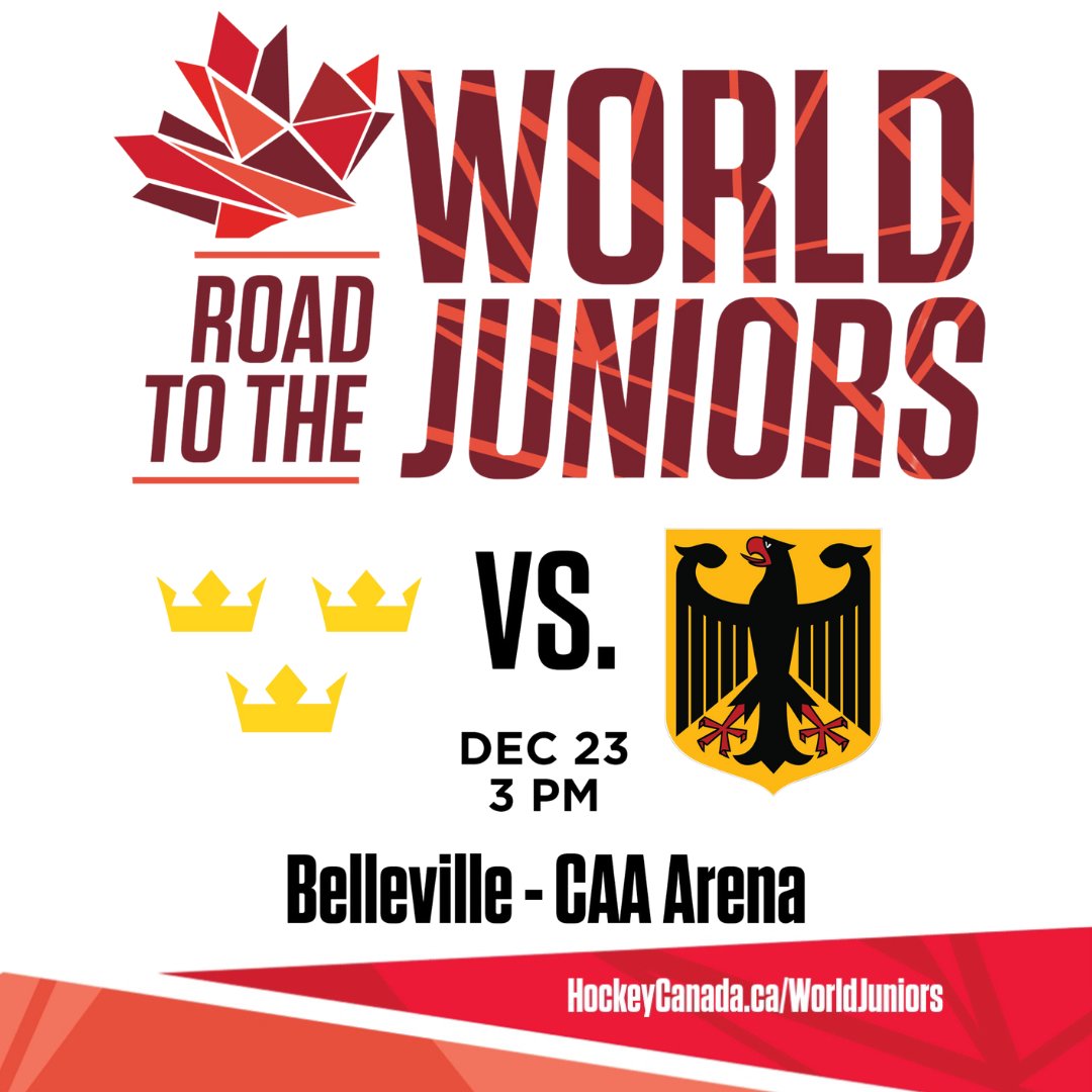 NEWS RELEASE: #BellevilleSens and <a href="/BAY_OF_QUINTE/">Bay of Quinte Region</a> to host World Junior training camps and a preseason matchup at CAA Arena and Quinte Sports &amp; Wellness Centre.

DETAILS 📰 bit.ly/4eVUWH8

Dec 23 @ 3 pm | CAA Arena | Sweden vs Germany
General On Sale - Friday @ 10 am est