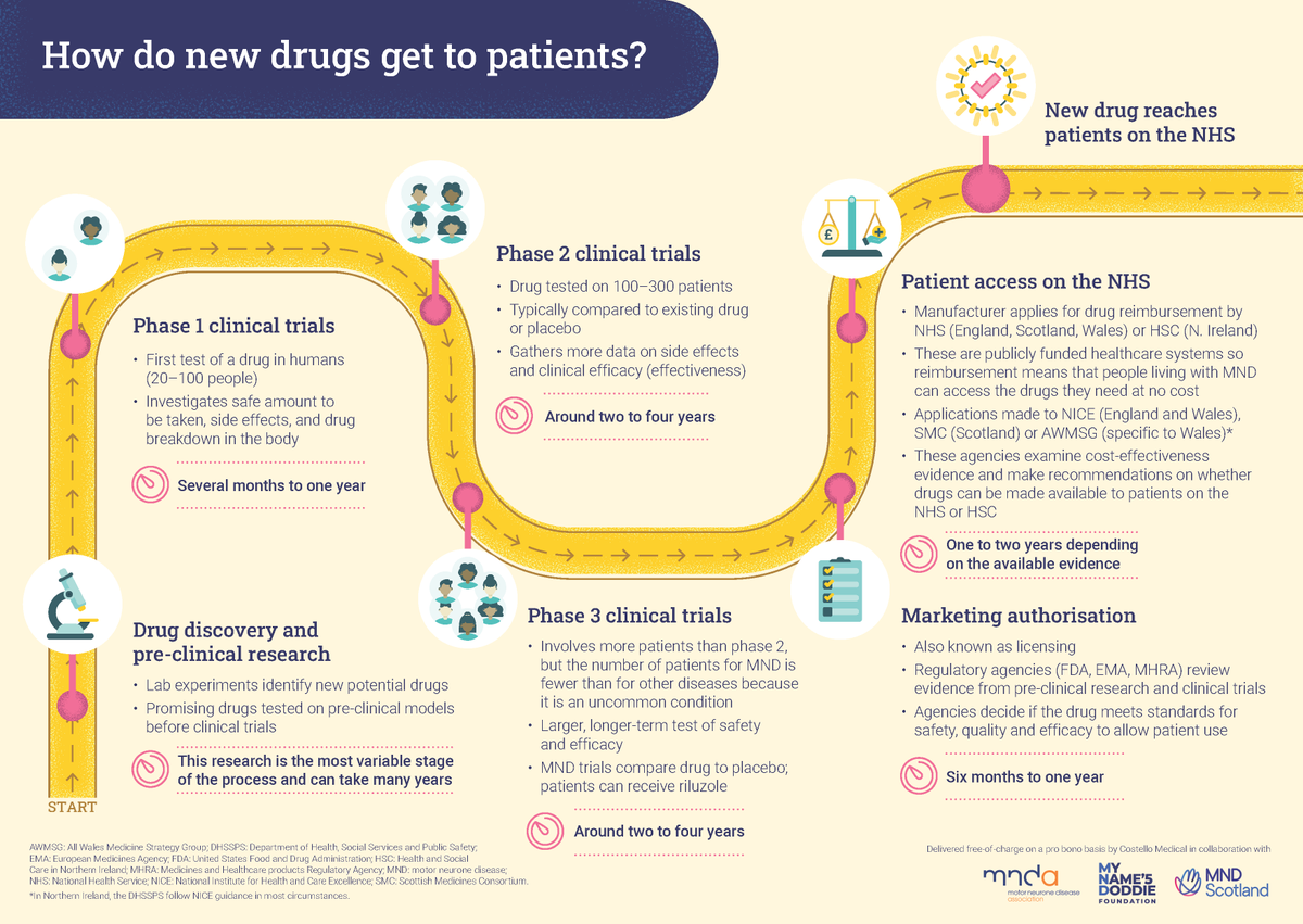 MNDoddie5's tweet image. We often speak about getting new treatments to MND patients, but how does that process actually happen? 

This infographic, created in collaboration with our friends at @MNDScotland &amp;amp; @mndassoc, helps to explain how drugs are discovered, developed &amp;amp; approved 🔬
