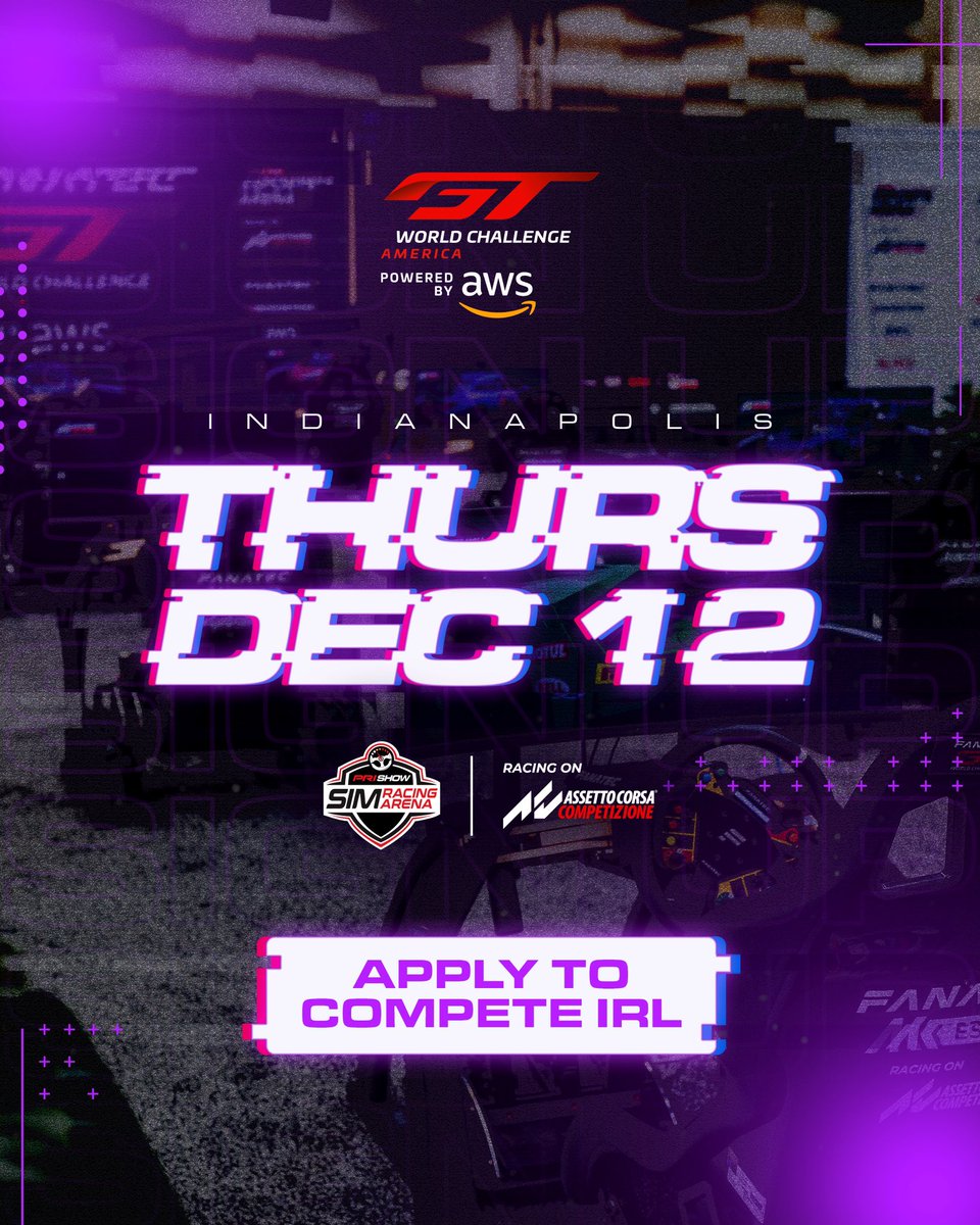 gtworldcham's tweet photo. Weโre back ๐
The PRI Sim Racing Arena powered by SRO Motorsports is set for Thursday, December 12, 2024. Applications to compete live on the floor of Lucas Oil Stadium are open now ๐
๐ค https://t.co/U6wbhhRGot
#GTWorldChAm #MyPRIShow https://t.co/SD5ffHxD7W