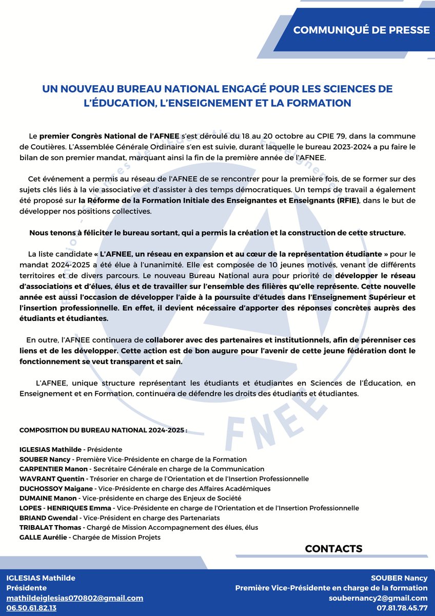 #CDP | 📣 Le 1er Congrès National de l’AFNEE a eu lieu. 

Au programme : 
• Temps démocratiques et de formations 
• ⁠Temps de travail sur la #réforme de la #formation initiale des #enseignants
• ⁠Démission du Bureau National sortant
• ⁠Élection d’un nouveau Bureau National