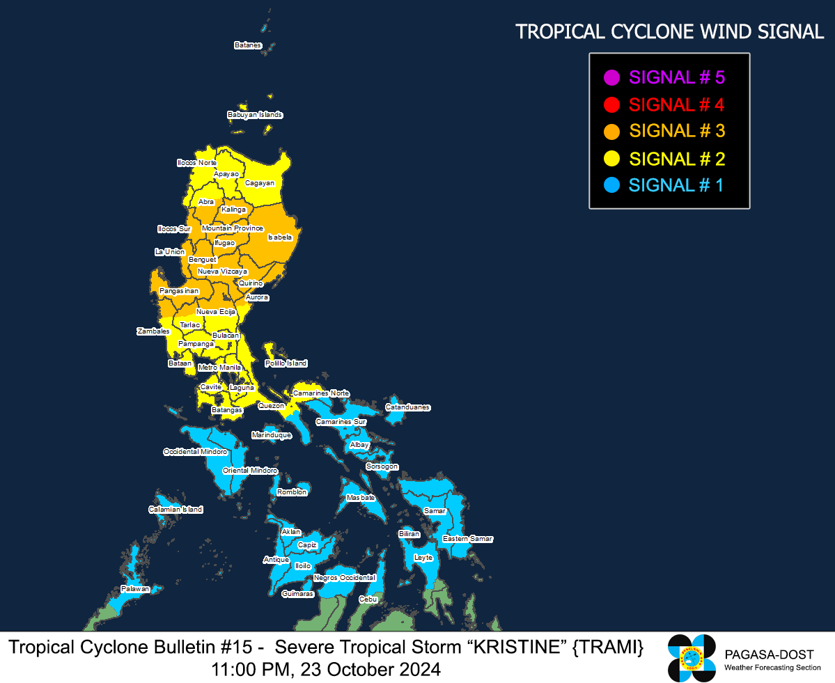 dost_pagasa's tweet photo. TROPICAL CYCLONE BULLETIN NR. 15
Severe Tropical Storm #KristinePH (TRAMI)
Issued at 11:00 PM, 23 October 2024
Valid for broadcast until the next bulletin at 2:00 AM tomorrow.

“KRISTINE” MAINTAINS ITS STRENGTH AND IS ABOUT TO MAKE LANDFALL OVER ISABELA.

Link: https://t.co/FqqF08RlMv