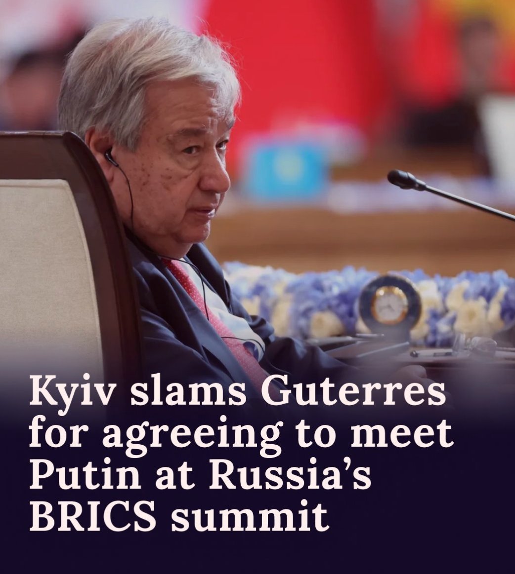 P_Kallioniemi's tweet photo. Guterres, the UN Secretary General meets Putin, who's declared wanted by the International Criminal Court.

Both the UN and the ICC are a joke. https://t.co/apUotgUMjG