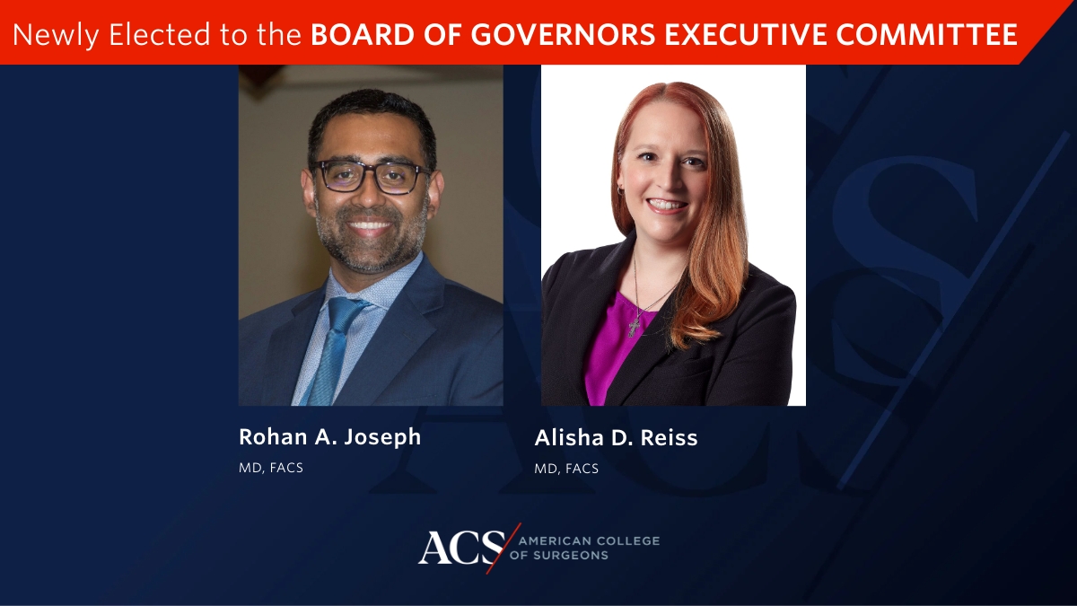American College of Surgeons (@amcollsurgeons) on Twitter photo Congratulations to the newly elected members of the Board of Governors Executive Committee, Drs. Rohan Joseph and Alisha Reiss (<a href="/AlishaReissMD/">Alisha Reiss</a>)! #ACSCC24 Congratulations to the newly elected members of the Board of Governors Executive Committee, Drs. Rohan Joseph and Alisha Reiss (<a href="/AlishaReissMD/">Alisha Reiss</a>)! #ACSCC24
