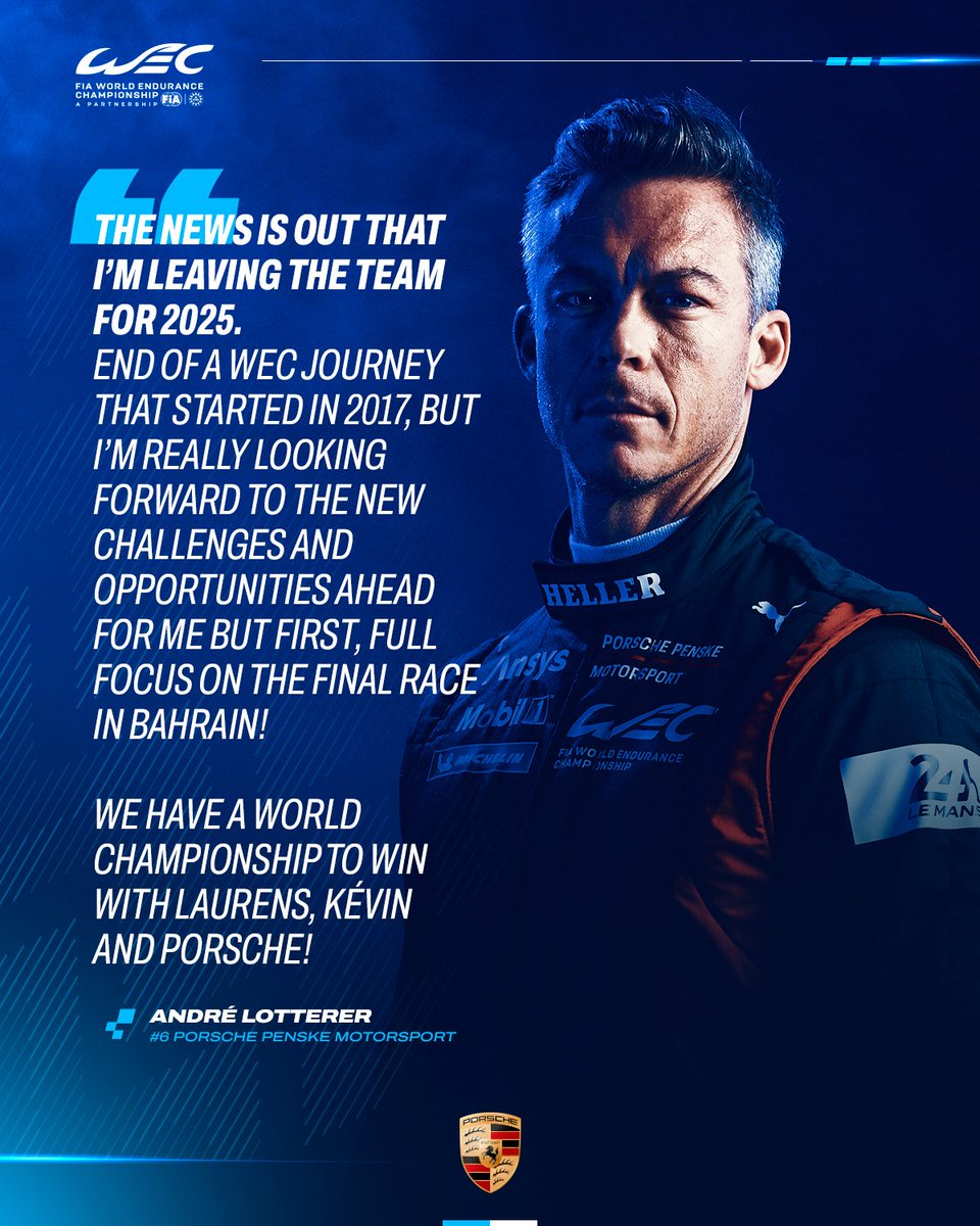 FIA World Endurance Championship (@fiawec) on Twitter photo The goat has spoken. 🐐
<a href="/Andre_Lotterer/">Andre Lotterer</a> will leave Porsche Penske Motorsport at the end of this season, after a hugely successful stint with the team.
The 8 Hours of Bahrain will be his last race with the #6 Porsche 963. 😢
#WEC #Porsche <a href="/PorscheRaces/">Porsche Motorsport</a> The goat has spoken. 🐐
<a href="/Andre_Lotterer/">Andre Lotterer</a> will leave Porsche Penske Motorsport at the end of this season, after a hugely successful stint with the team.
The 8 Hours of Bahrain will be his last race with the #6 Porsche 963. 😢
#WEC #Porsche <a href="/PorscheRaces/">Porsche Motorsport</a>