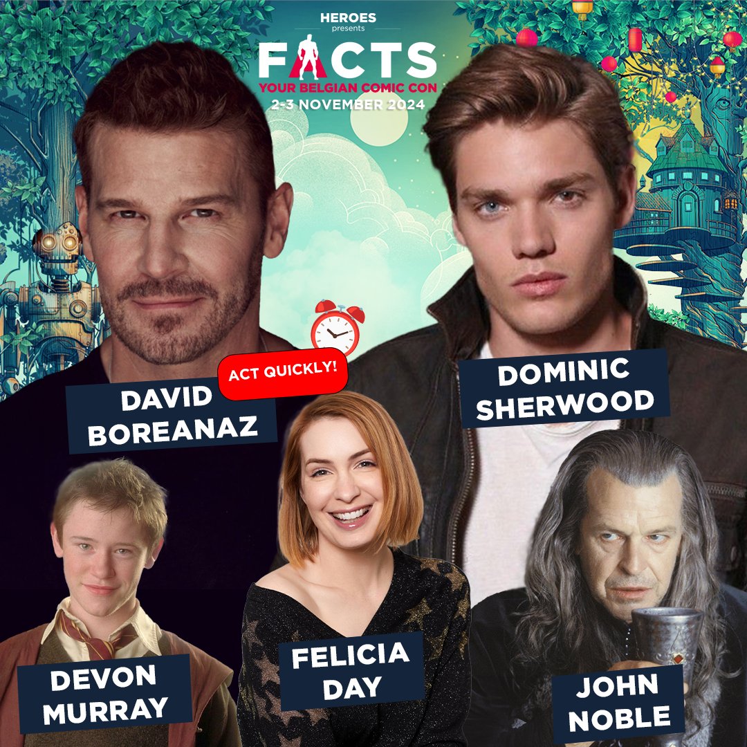 FACTSConvention's tweet photo. 🎥 Actor line-up complete! 10 days until you meet
🦇 #DavidBoreanaz (⏰ Photoshoot alert)
🔥 #JohnNoble
🎲 #FeliciaDay
⚔️ #DominicSherwood
⚡ #DevonMurray
📸 Photoshoots, ✍️ Autographs, 🤳Selfies, and 🎤 Q&A on November 2-3, in Flanders Expo Ghent! https://t.co/eKiEj8kVfd https://t.co/1aaXWBk1Vx