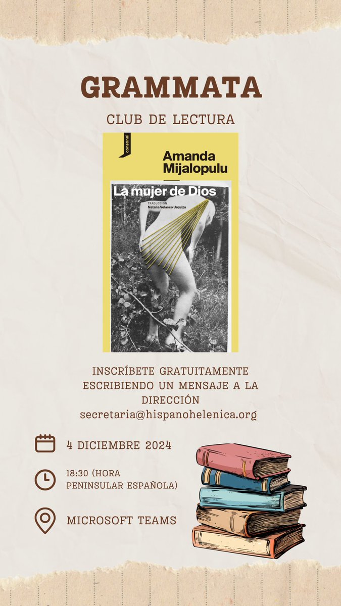 ¡RECORDATORIO!

Ya podéis apuntaros la fecha de la siguiente cita del club de lectura GRAMMATA que organiza <a href="/hispanohelenica/">Asociación Cultural Hispanohelénica</a> 

Os dejo todos los datos en la imagen. 
👇👇👇👇