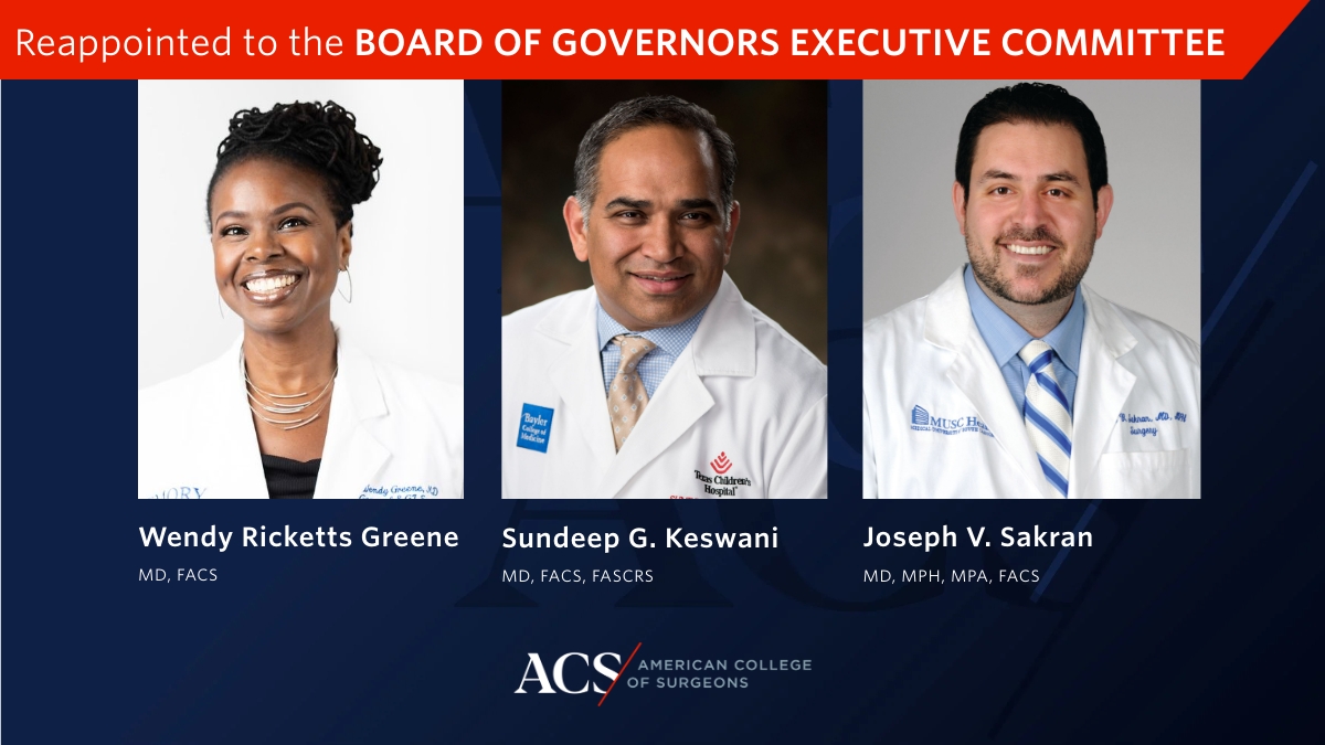American College of Surgeons (@amcollsurgeons) on Twitter photo Congratulations to Drs. Wendy Ricketts Greene, Sundeep G. Keswani (<a href="/sgkeswani/">Sundeep Keswani</a>), and Joseph Sakran (<a href="/JosephSakran/">Joseph Sakran</a>) on being reappointed to the Board of Governors Executive Committee! #ACSCC24 Congratulations to Drs. Wendy Ricketts Greene, Sundeep G. Keswani (<a href="/sgkeswani/">Sundeep Keswani</a>), and Joseph Sakran (<a href="/JosephSakran/">Joseph Sakran</a>) on being reappointed to the Board of Governors Executive Committee! #ACSCC24