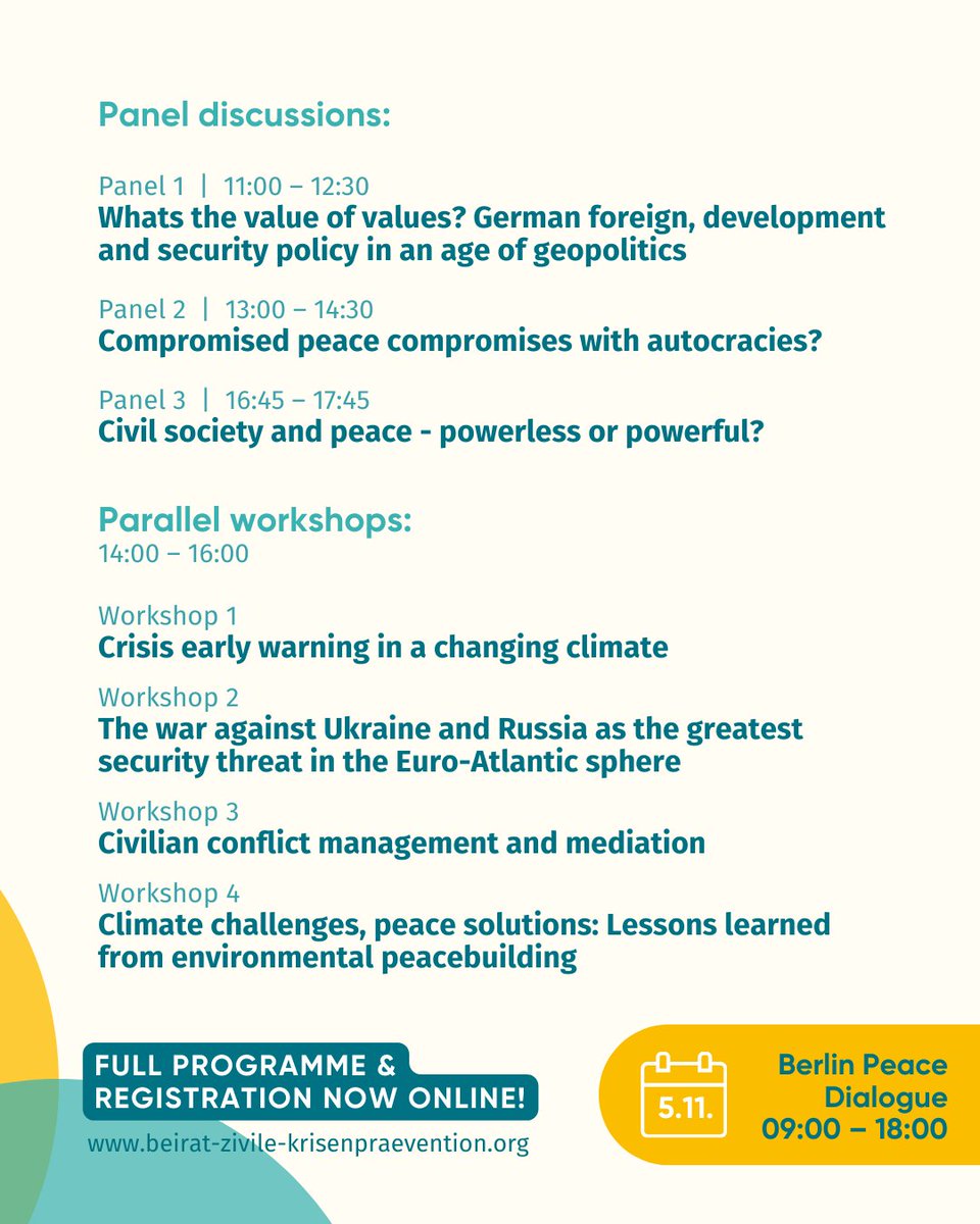 🇩🇪 GER on Peace & Humanitarian Action (@aa_stabilisiert) on Twitter photo 🗓️ The <a href="/BeiratZKP/">Beirat Zivile Krisenprävention</a> is hosting their annual Berlin Peace Dialogue on Nov. 5th, offering insights to 🌍 #EarlyWarning, #Peacebuilding & #CrisisPrevention in the “Age of Geopolitics”.
Join us and register to the livestream here ➡️ beirat-zivile-krisenpraevention.org/en/berlin-peac… 🗓️ The <a href="/BeiratZKP/">Beirat Zivile Krisenprävention</a> is hosting their annual Berlin Peace Dialogue on Nov. 5th, offering insights to 🌍 #EarlyWarning, #Peacebuilding & #CrisisPrevention in the “Age of Geopolitics”.
Join us and register to the livestream here ➡️ beirat-zivile-krisenpraevention.org/en/berlin-peac…