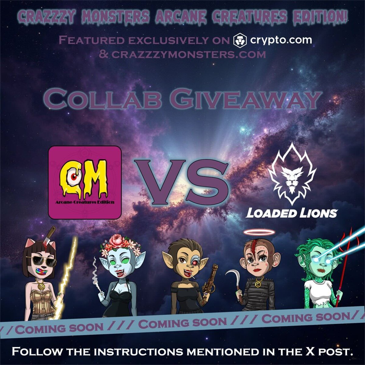 🎁 Collab #NFTGiveaway 🎁

🥳Let's celebrate Crazzzy Monsters upcoming drop on <a href="/cryptocomnft/">Crypto.com NFT</a> this Friday 🥳

🏆 Prizes 🏆
1 CM: Arcane Creatures to 2 winners🔥

🚨How to Enter🚨

1️⃣Follow <a href="/CrazzzyMonsters/">Crazzzy Monsters | Gen2 on @Cryptocomnft |</a> &amp; <a href="/LoadedLions_CDC/">Loaded Lions</a>
2️⃣❤️&amp;🔁
3️⃣Tag 3 #crofam 🫂(multiple entries allowed)
72