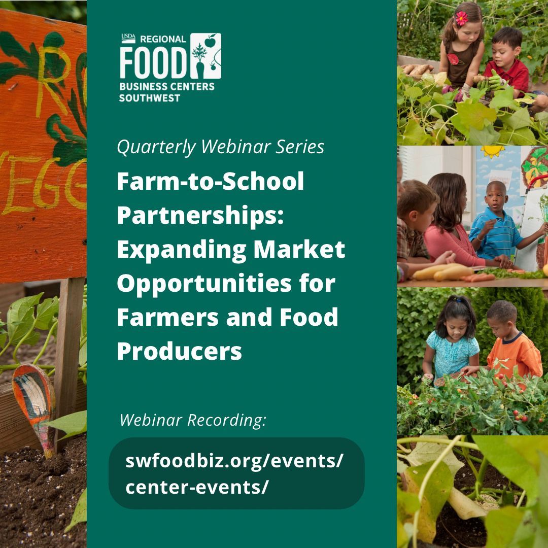 Missed the Southwest Center’s webinar, “Farm-to-School Partnerships: Expanding Market Opportunities for Farmers and Producers,” last week? 

Visit swfoodbiz.org/events/center-… to view the webinar recording and presentation. 

#USDA #farmtoschool #farm #farmtoschoolmonth