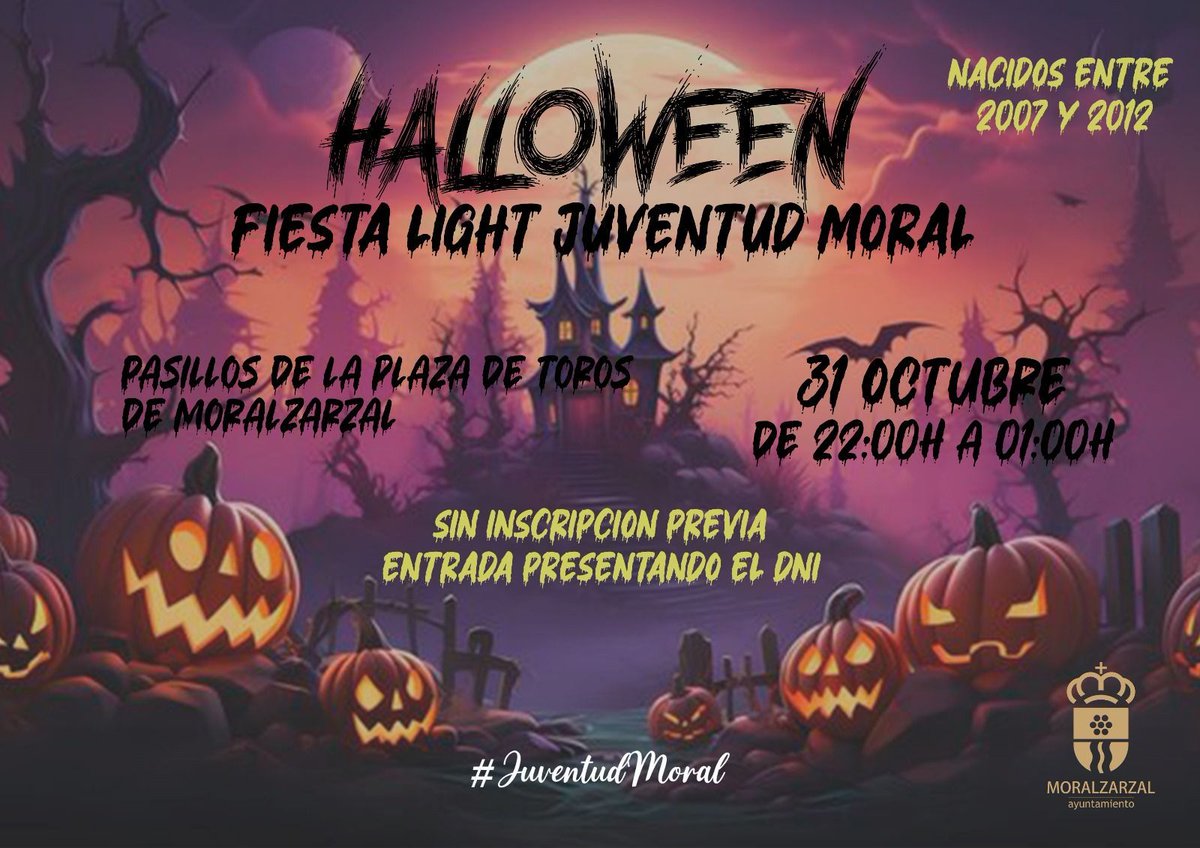 Moralzarzal's tweet photo. No te pierdas la #Fiestalight del #terror, el #jueves 31 de #octubre, que #JuventudMoral organiza en los pasillo de la #PlazadeToros de #Moralzarzal, #jóvenes de 12 a 17 años, #Fiesta de #Halloween de 22h a 01.h , acceso #gratis y plazas limitadas. Mira: https://t.co/VXBlM57ypg https://t.co/Q1urDJKEdd