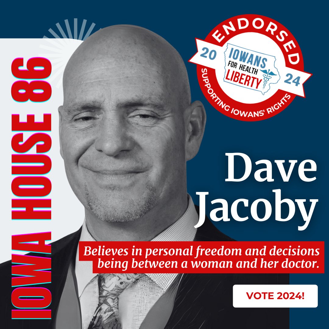 Dave Jacoby is a strong advocate for education and reproductive rights. We proudly endorse him for Iowa House District 86!

📲 Learn more at davejacobyforiowa.com

Learn more and support the work of #Iowans4HealthLiberty

#Vote2024