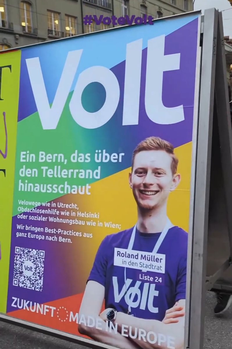 RoluMullerVolt's tweet photo. Seit heute hängen die Plakate für die #WahlenBern2024 😍 
Wir treten mit Volt nun zum ersten Mal auch an und freuen uns, unseren violetten Europa-Spirit auch in Bern zu zeigen 💜
#JoinTheChange #VoteVolt https://t.co/D3mtsaVePB