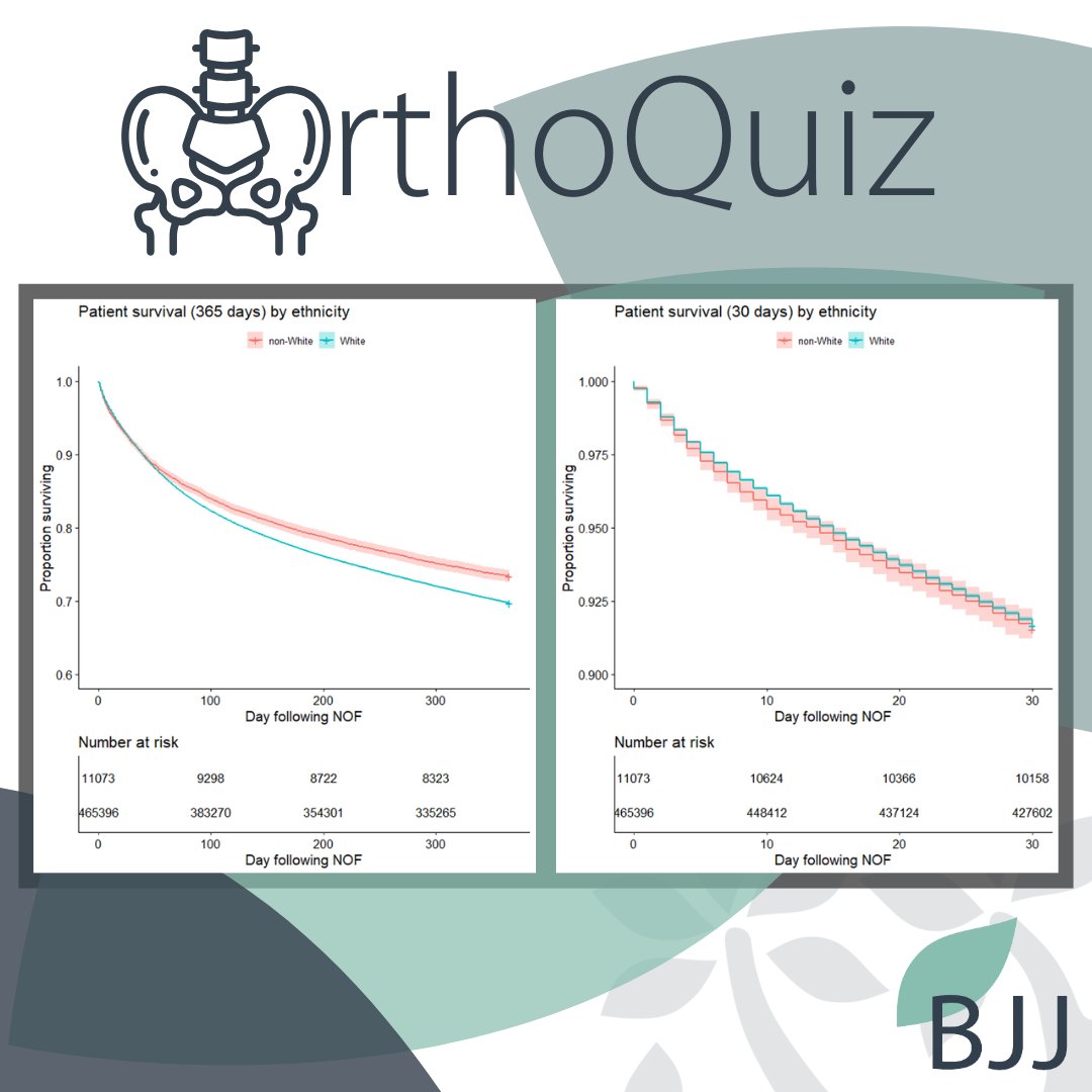 The Bone & Joint Journal (@bonejointj) on Twitter photo From these KM curves can you identify which colour represents white and non-white patients? The first image shows survival at one year post hip fracture and the second image shows 30-days post hip fracture.
#OrthoQuiz #Ethnicity #Healthcare <a href="/Sohail_Orthopod/">Sohail Nisar</a> From these KM curves can you identify which colour represents white and non-white patients? The first image shows survival at one year post hip fracture and the second image shows 30-days post hip fracture.
#OrthoQuiz #Ethnicity #Healthcare <a href="/Sohail_Orthopod/">Sohail Nisar</a>