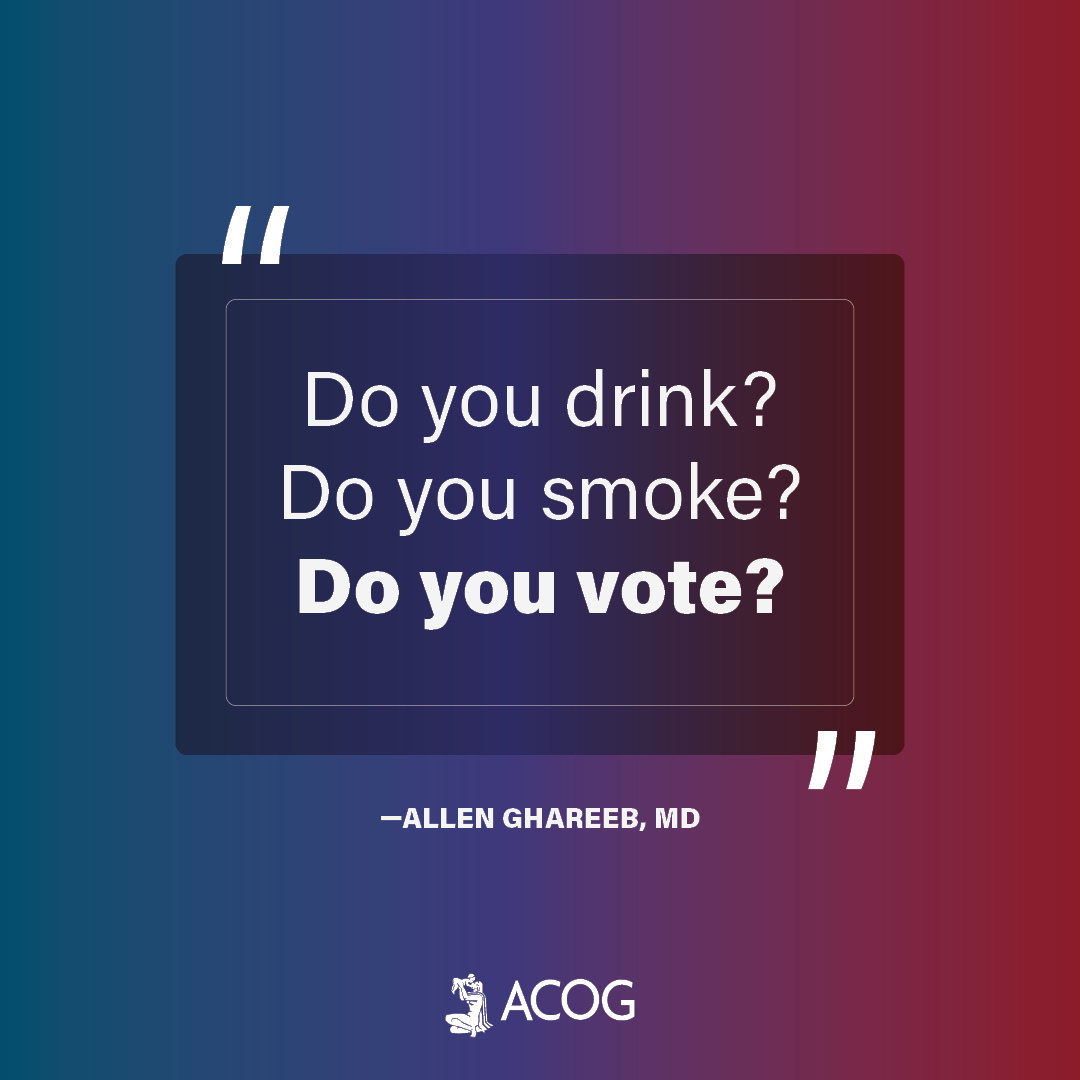 acog's tweet photo. The @AmerMedicalAssn considers voting to be a social determinant of health. Our JFCAC chair, who uses Vot-ER in his practice, says talking to patients about voting comes down to asking a few questions. https://t.co/OmMbJmLaCY