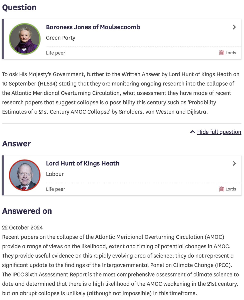 Laurie Laybourn (@laurielaybourn) on Twitter photo The answer from Lord Hunt to <a href="/GreenJennyJones/">Jenny Jones</a>'s question about AMOC collapse touches on 'blind spots' in how we perceive security threats from climate change🧵
(and AMOC collapse is definitely a threat to national & international security..) The answer from Lord Hunt to <a href="/GreenJennyJones/">Jenny Jones</a>'s question about AMOC collapse touches on 'blind spots' in how we perceive security threats from climate change🧵
(and AMOC collapse is definitely a threat to national & international security..)
