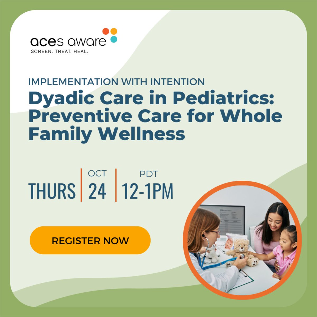 Join us tomorrow for the next Implementation with Intention webinar, Dyadic Care in Pediatrics: Preventive Care for Whole Family Wellness, as we explore how primary care-based dyadic care can improve child &amp; family wellness. 

Register at training.acesaware.org/aa/detail?vtid….