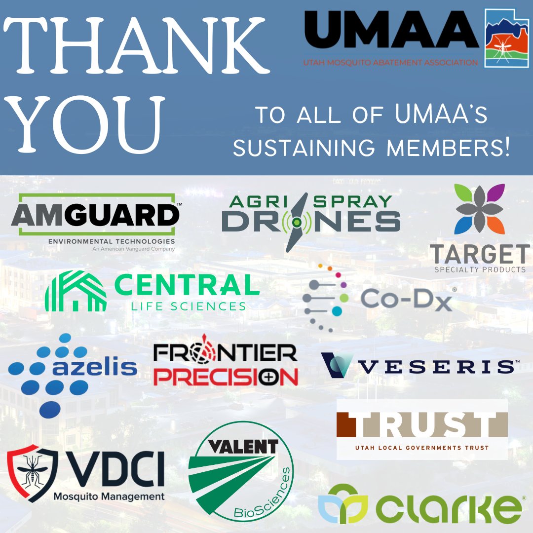 UMAA would like to give a huge thank you to its Sustaining Members: <a href="/AgriSprayDrones/">Agri Spray Drones</a>, <a href="/AmguardET/">AMGUARD Environmental Technologies</a>, <a href="/azelisgroup/">Azelis</a>, <a href="/CentralLifeSci/">CentralLifeSciences</a>, <a href="/ClarkeMosquito/">Clarke Mosquito</a>, <a href="/Co_Diagnostics/">Co-Diagnostics Inc</a>, <a href="/frontierprec/">Frontier Precision</a>, <a href="/TargetSpecProd/">TargetSpecialty</a>, <a href="/UtahTrust/">UtahTrust</a>, <a href="/ValentBioSci/">Valent BioSciences</a>, <a href="/VDCImosquito/">VDCI Mosquito 🦟</a>, and <a href="/GoVeseris/">Veseris</a>! 🦟👏