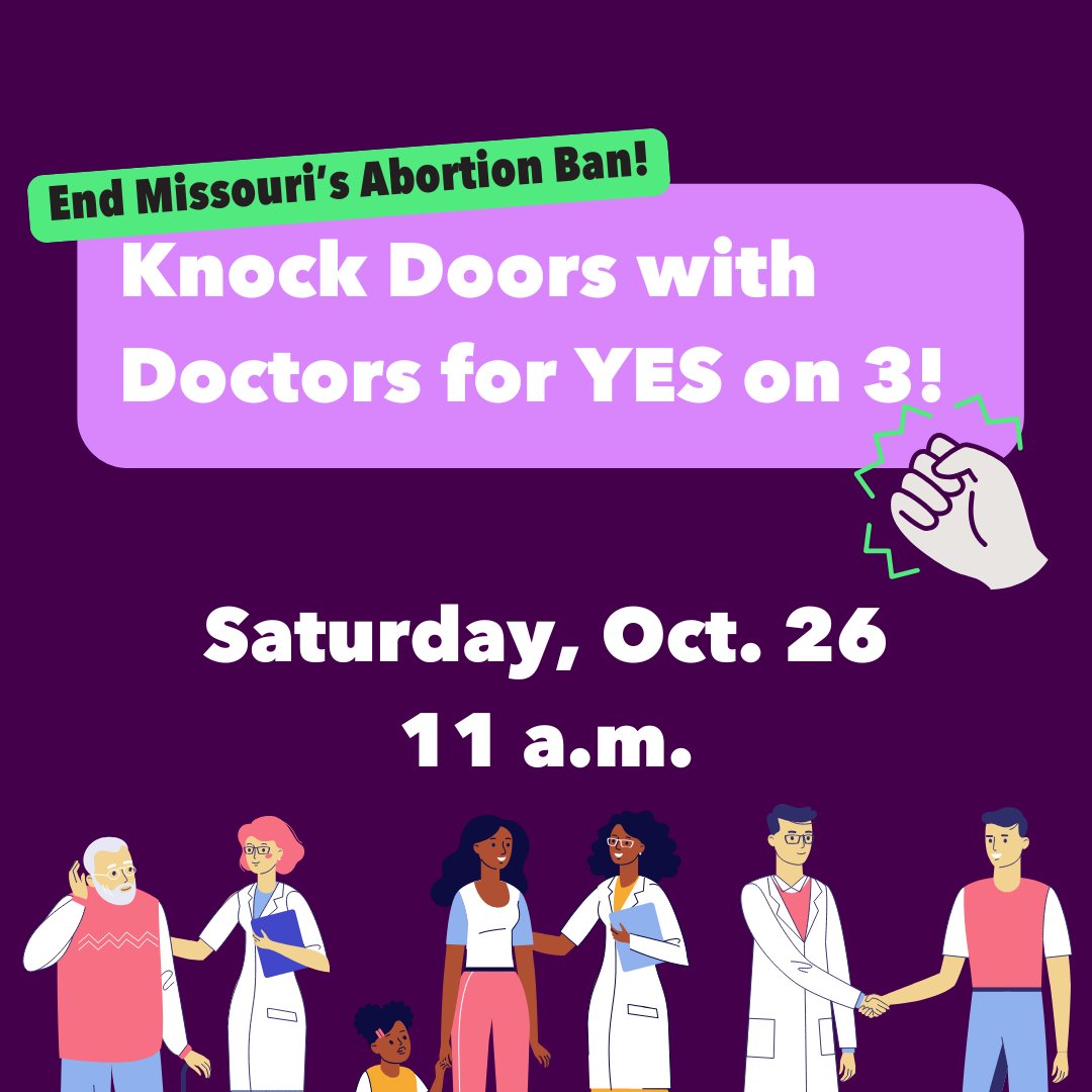 Less than two weeks until we vote to end Missouri's abortion ban. Join us Saturday at 11 a.m. for Donuts and Door-knocking with Doctors for the Yes on 3 campaign. Sign up now: bit.ly/3YAF8nF