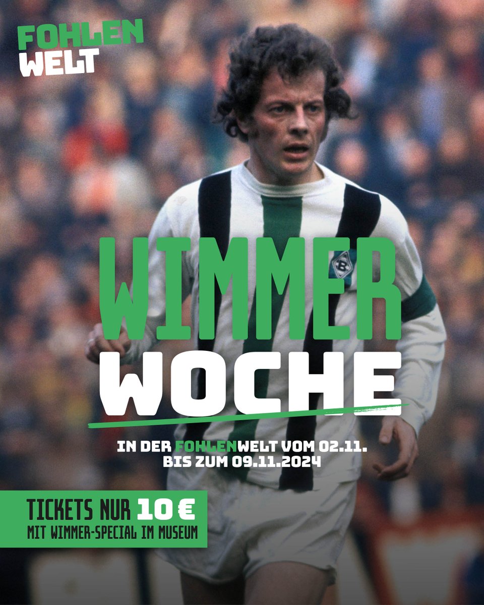 Anlässlich des 8️⃣0️⃣. Geburtstages von Hacki Wimmer am 09.11.2024 gibt es vom 2. bis zum 9. November ein Special in der <a href="/FohlenWelt/">FohlenWelt</a>. In dieser Zeit kosten die Eintrittskarten 10 Euro, bereits ermäßigte Tickets werden auf 8 Euro reduziert 🥳

Mehr Infos👉 go.borussia.de/3Ujw4Ro
