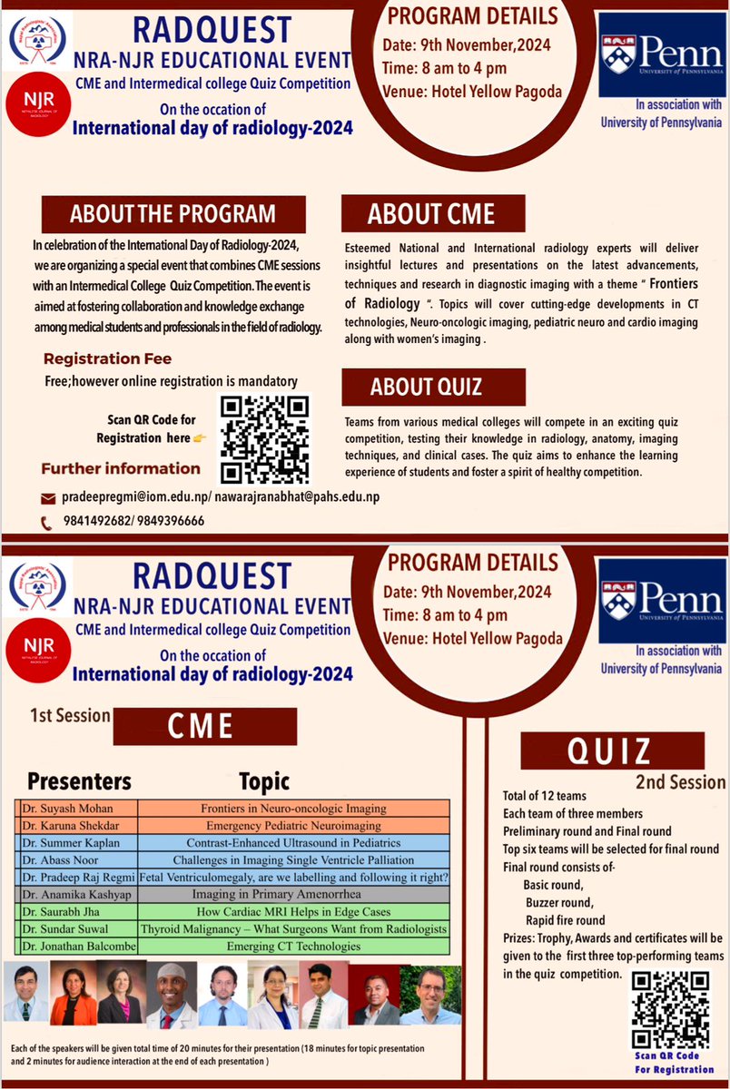 Its my pleasure to announce NRA NJR TUTH and University of  Pensylvennia  joint educational event on Saturday NOVEMBER 9TH 2024. We will be having CME (first session) and intermedical college quiz competition (Second session).
<a href="/RogueRad/">Saurabh Jha</a>