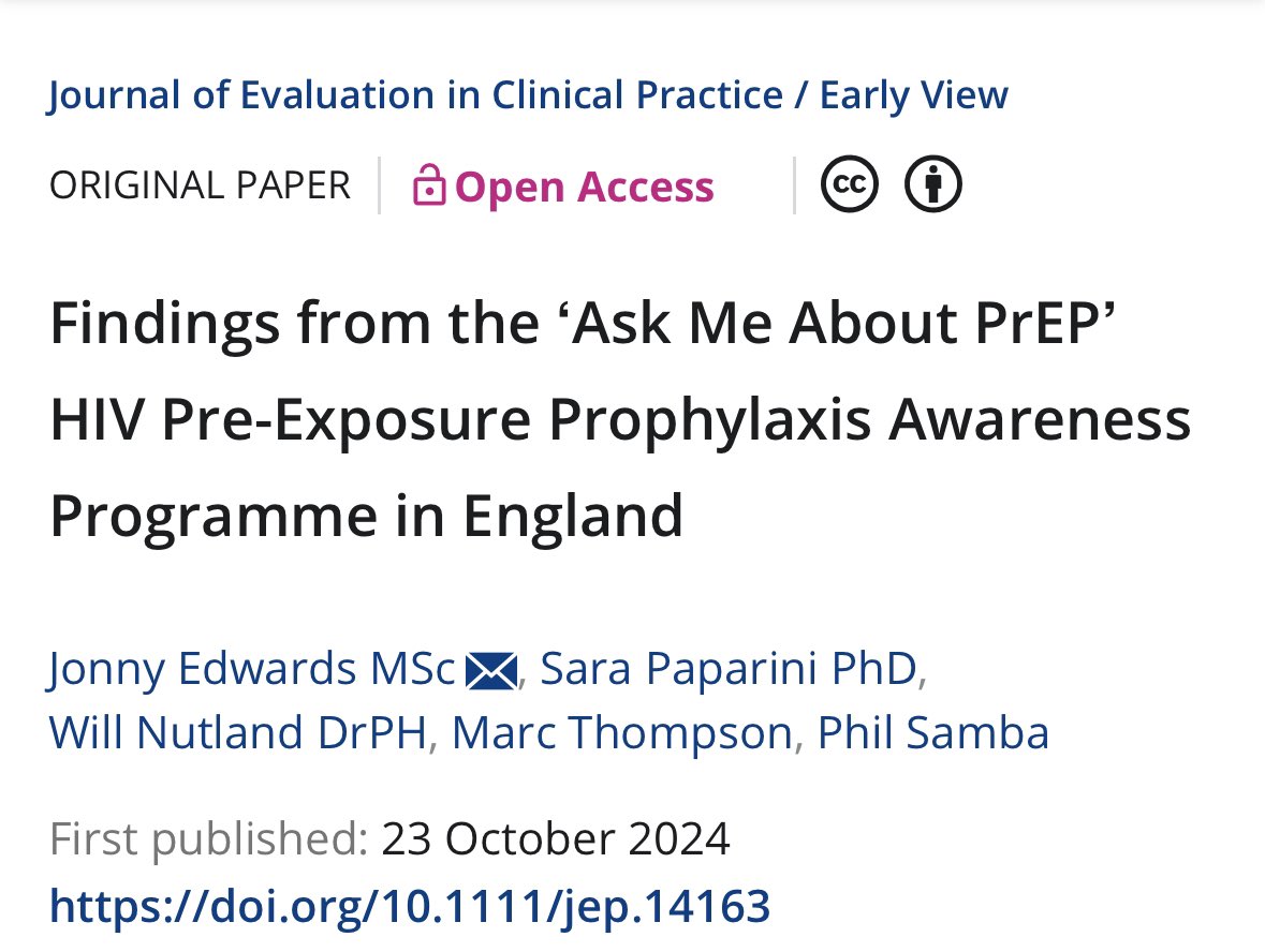SHARE Collaborative (@shareeastlondon) on Twitter photo **PUBLICATION** from Sara Paparini and colleagues!
Findings from the āAsk Me About PrEPā HIV Pre-Exposure Prophylaxis Awareness Programme in England.
@DrWillN <a href="/marct_01/">Marc Thompson</a> <a href="/IdiosyncraticXL/">Phil Samba</a>
<a href="/TeamPrepster/">PrEPster</a> <a href="/QMUL_WIPH/">Wolfson Institute of Population Health</a>
onlinelibrary.wiley.com/doi/10.1111/je⦠**PUBLICATION** from Sara Paparini and colleagues!
Findings from the āAsk Me About PrEPā HIV Pre-Exposure Prophylaxis Awareness Programme in England.
@DrWillN <a href="/marct_01/">Marc Thompson</a> <a href="/IdiosyncraticXL/">Phil Samba</a>
<a href="/TeamPrepster/">PrEPster</a> <a href="/QMUL_WIPH/">Wolfson Institute of Population Health</a>
onlinelibrary.wiley.com/doi/10.1111/jeā¦
