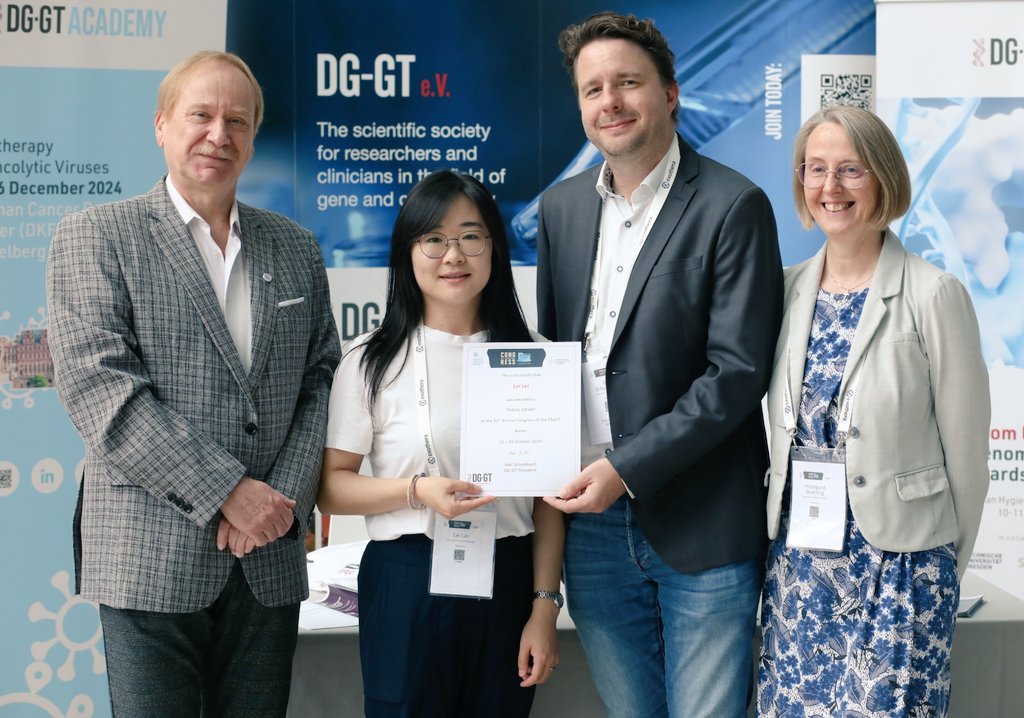 DG-GT e.V. (@dggtev) on Twitter photo The #DGGTeV is delighted to award Lei Lei <a href="/Uniklinik_Fr/">Uniklinik Freiburg</a> <a href="/UniFreiburg/">Universität Freiburg</a> the second #esgct2024 travel grant.
Don't miss her talk OR057 "Cell-type and time resolved genotoxicity of base editing" Thursday 24th at 10:00am
#GeneTherapy #DGGTeV #Awards The #DGGTeV is delighted to award Lei Lei <a href="/Uniklinik_Fr/">Uniklinik Freiburg</a> <a href="/UniFreiburg/">Universität Freiburg</a> the second #esgct2024 travel grant.
Don't miss her talk OR057 "Cell-type and time resolved genotoxicity of base editing" Thursday 24th at 10:00am
#GeneTherapy #DGGTeV #Awards