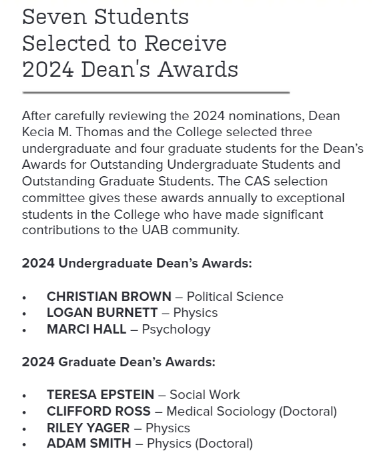 UABSociology's tweet photo. Fall 2024 UAB College of Arts and Science magazines features two exciting honors for people in our department. Congrats to recent grad Dr. Ross for his Graduate Dean's Award and to our chair, Dr. Keith, for being named a University Professor! https://t.co/QpXahuibVU
