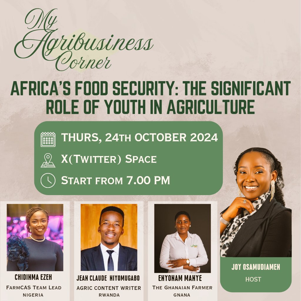JoyOsamudiamen_'s tweet image. A few days ago I asked.
Do we need more youth in Agriculture? if we do what should they be doing? Should all the youth go into production?

This is why you have to join my space tomorrow 😉 
Youth let&apos;s gather and talk about our roles in Africa&apos;s food Security

Pls repost oo!🙏