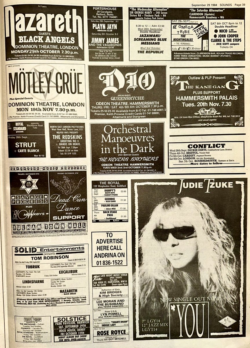 ZoundsAbound's tweet photo. Some great shows this coming week, so for me, I choose @HueyLewisNews at the Marquee, #DiffordAndTilbrook at the Lyceum, #RogueMale at Ad Lib, @OfficialRJDio &amp; @queensryche at the Hammersmith Odeon &amp; finally #Excalibur in Cleethorpes

What’s a must see show?

Sounds Sep 29th 1984 https://t.co/MI0jqe9ERF