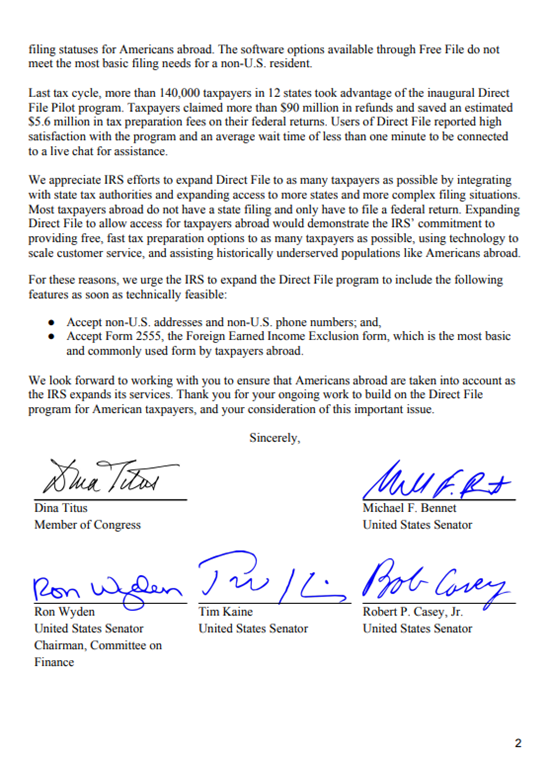 repdinatitus's tweet photo. Filing a tax return is especially difficult for U.S. citizens abroad. Today @SenatorBennet and I led a letter with 50+ colleagues urging @IRSnews to take a step towards simplifying the process by expanding Direct File to millions of U.S. citizens abroad. https://t.co/5eYWHlPfuv