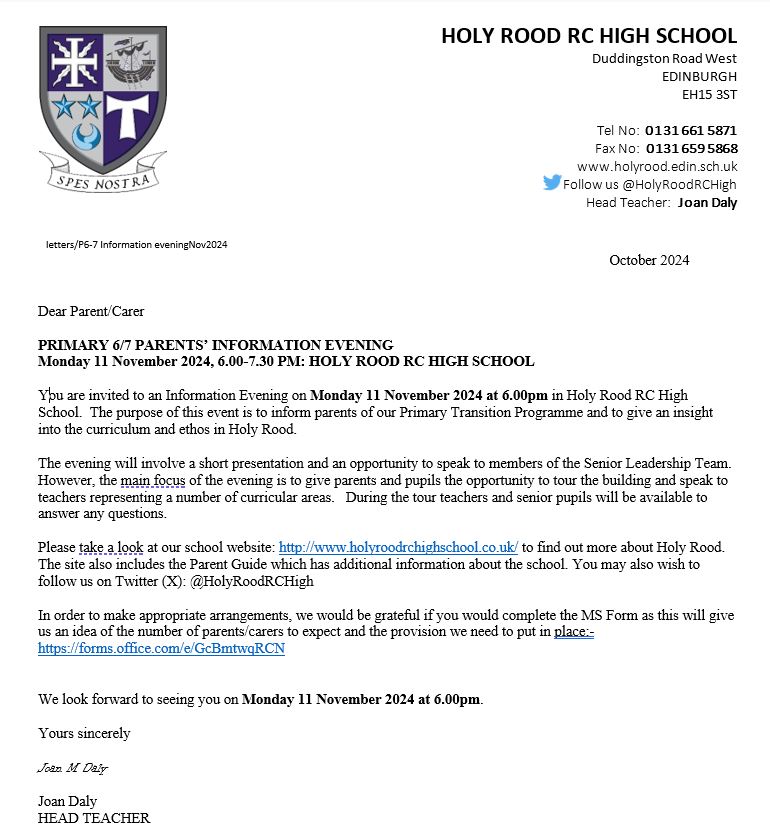 📣Primary 6/7 Open Evening - Mon 11 Nov.  

Join us for an Information evening in Holy Rood to hear about and see  all of the great things happening in our school. 🧪📚🎨🏀👨‍🍳

Sign up using this link: tinyurl.com/32p6hmn8