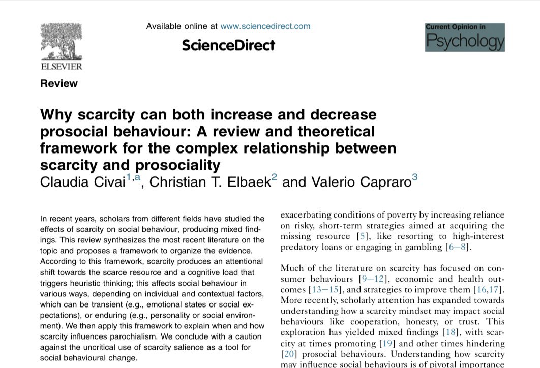 Does scarcity of resources make us more selfish or more prosocial?

This question is complex, as experimental research finds that scarcity can sometimes make us more selfish and, at other times, more prosocial.

Yet, these effects are not random. In this review article, we