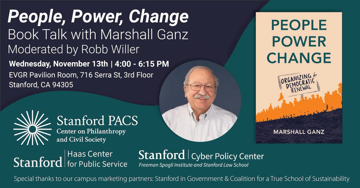 Stanford PACS (@stanfordpacs) on Twitter photo What are the keys to fostering collective action for lasting change?
Join us on November 13 for a conversation with Marshall Ganz, one of the world's leading authorities on democratic organizing, and <a href="/RobbWiller/">Robb Willer</a> of our <a href="/pascl_stanford/">Politics and Social Change Lab</a>.
Learn more & RSVP: eventbrite.com/e/people-power… What are the keys to fostering collective action for lasting change?
Join us on November 13 for a conversation with Marshall Ganz, one of the world's leading authorities on democratic organizing, and <a href="/RobbWiller/">Robb Willer</a> of our <a href="/pascl_stanford/">Politics and Social Change Lab</a>.
Learn more & RSVP: eventbrite.com/e/people-power…